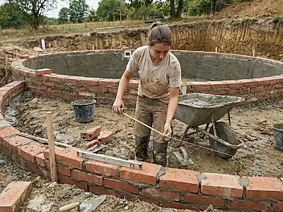 Jovem constrói piscina artesanal sozinha usando apenas tijolos, cimento e acabamento curvo.